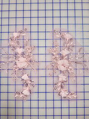 Appliques - Corded Sequined Embroidered 3D Rose Pink Motif Pairs