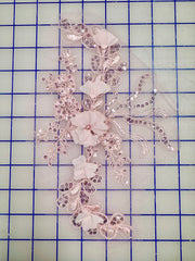 Appliques - Corded Sequined Embroidered 3D Rose Pink Motif Pairs