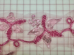Fancy Lace - 1 1/3YD Border Metallic Silver-Corded Sequined Rose Pink Close-Out