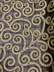 Fancy Lace - 43-inch Wide Gold and White Scroll on Black Tulle Mesh