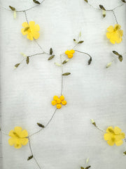 Fancy Organza- 50-inches Wide Soft White Tulle with 3D Yellow Flowers and Embroidered Vines