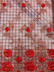 Fancy Lace - 52-inches Wide Sequined Red with Metallic Silver and 3D Flowers