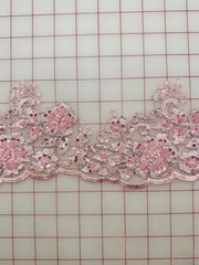 Fancy Lace - 36-inch Border Metallic Silver-Corded Beaded Embroidered Pink