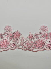Fancy Lace - 36-inch Border Metallic Silver-Corded Beaded Embroidered Pink
