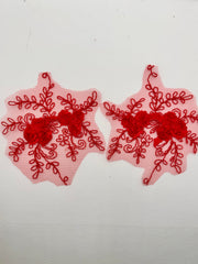 Appliques Fancy Lace - Red with 3D Flowers Large Pairs