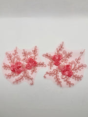 Appliques - Fancy Lace - Coral with 3D Flowers Large Pairs