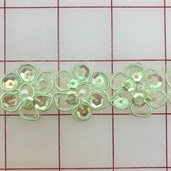 Non-Metallic Trim - 1-inch  Sequined Flower Trim Mint Green