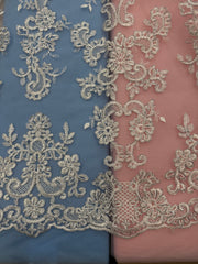 Fancy Lace - 52-inches Wide Metallic Corded Embroidered Silver on White