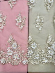 Fancy Lace - 52-inches Wide 3D Flowers Beaded Embroidered Ivory