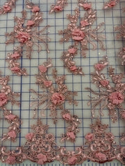 Fancy Lace - 52-inches Wide Corded Sequined Embroidered 3D Dusty Rose