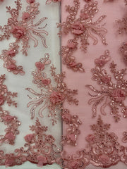 Fancy Lace - 52-inches Wide Corded Sequined Embroidered 3D Dusty Rose