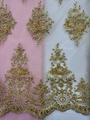Fancy Lace - 52-inches Wide Metallic Gold-Corded Beaded Embroidered