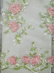 Fancy Lace - 52-inches Wide Silver Corded White Tulle with Pink and Green Embroidery