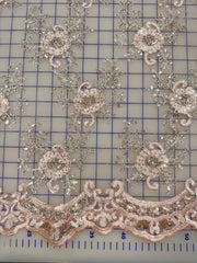 Fancy Lace - 53-inches Wide Silver Metallic Corded Embroidered European Pink Flower Motifs NEW!!