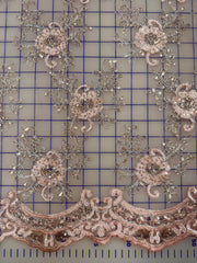 Fancy Lace - 53-inches Wide Silver Metallic Corded Embroidered European Pink Flower Motifs NEW!!