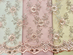 Fancy Lace - 53-inches Wide Silver Metallic Corded Embroidered European Pink Flower Motifs NEW!!