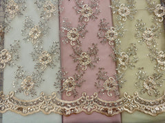 Fancy Lace - 53-inches Wide Silver Metallic Corded Embroidered Champagne Flower Motifs NEW!!
