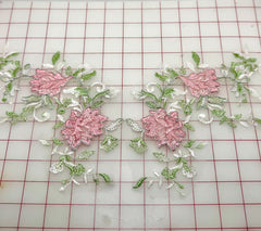 Appliques - Silver Corded White Tulle with Pink and Green Embroidered Flower Motif Pairs