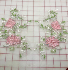 Appliques - Silver Corded White Tulle with Pink and Green Embroidered Flower Motif Pairs