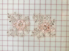 Applique - Silver Metallic Corded Embroidered European Pink Flower Motif Pairs