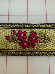 Metallic Ribbon- 1-inch Metallic Gold with Fuchsia Flower Design
