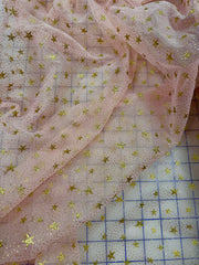 Fancy Organza - 59-inches Wide Pink with Metallic Gold Stars