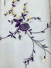 Fancy Organza - 52-inches Wide Embroidered Eggplant Purple on White