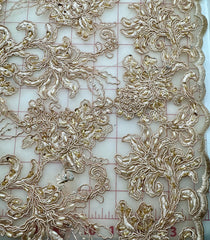 Grab Bag - Pale Golden Corded Lace with Bead and Sequin Design .75YD Piece