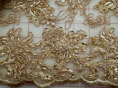 Grab Bag - Pale Golden Corded Lace with Bead and Sequin Design .75YD Piece