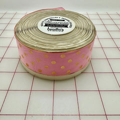 Vintage Ribbon - 1.5-inch Aspirin-Dot Metallic Gold on Pink Close-Out