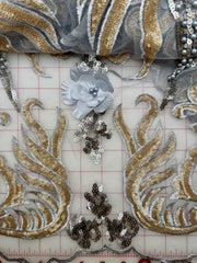Grab Bag - Silver Grey and Gold Embroidered Tulle with Sequins and Pearls .75YD Piece