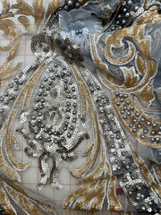 Grab Bag - Silver Grey and Gold Embroidered Tulle with Sequins and Pearls .75YD Piece