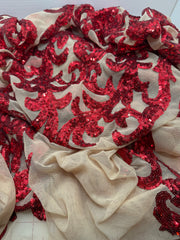 Grab Bag - Stretch Mesh - 62-inches Wide Pale Beige Skintone Mesh with Red Sequin Design .75YD