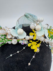 Flowers - Wreaths Pale Blue White Yellow and Green with Butterflies Flowers and Pearls New!