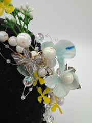 Flowers - Wreaths Pale Blue White Yellow and Green with Butterflies Flowers and Pearls New!