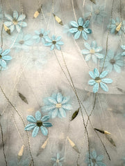 Fancy Organza - 54-inches Wide Light Blue Embroidered Flowers on White