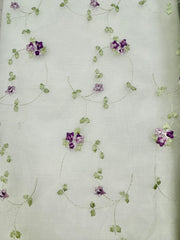 Fancy Organza - White with Embroidered Flower Design Purple