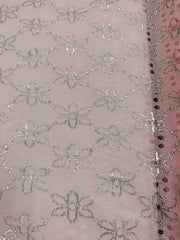 Fancy Lace - 48-inches Wide Pink with Silver Flower Design Eyelet