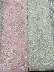 Fancy Lace - 52-inches Wide Metallic Corded Embroidered Gold on Ivory
