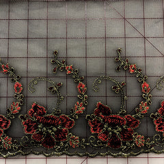 Non-Metallic Trim - 9-inch Reversible Tulle with Red Embroidered Flowers