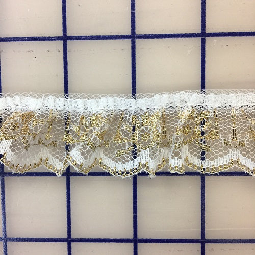 Ruffled Lace Trim - 1.125-inch Ruffled Lace White and Gold
