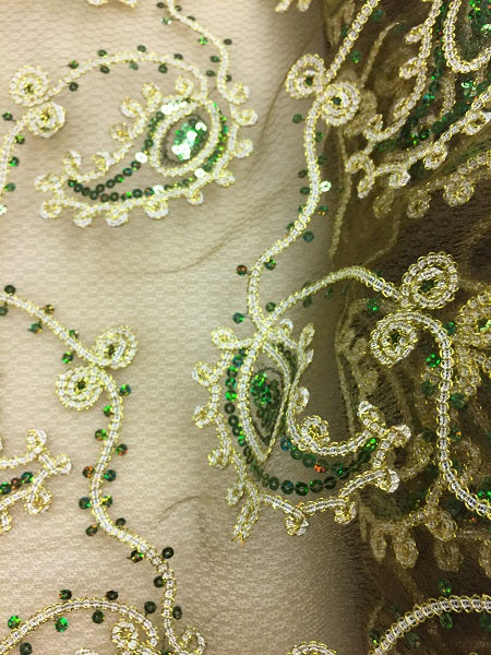 Fancy Sequined Paisley - 50-inches Wide Green and Gold