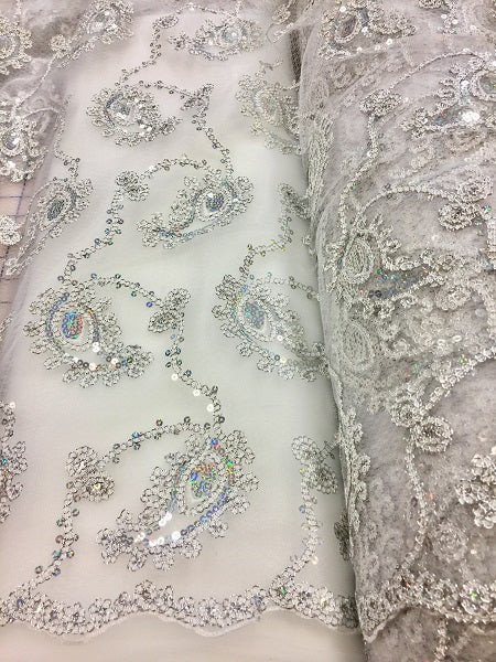 Fancy Sequined Paisley - 50-inches Wide White and Silver