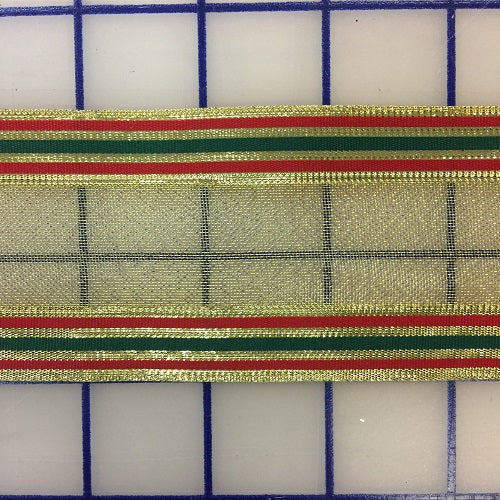 Metallic Ribbon - 2.25-inch Striped Gold with Red and Green