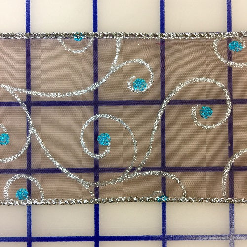 Wired Ribbon - 2.5-inch Organza with Metallic Silver Turquoise on Brown