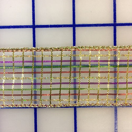 Wired Ribbon - 1.5-inch Metallic Gold with Green, Magenta and Red Stripes