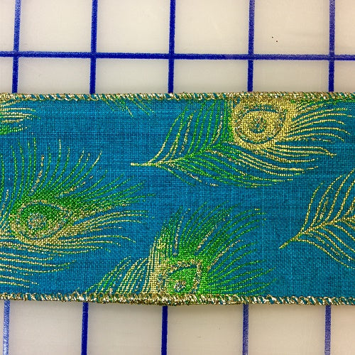 Wired Ribbon - 2.5-inch Line-Weave, feather Design Turquoise on Gold