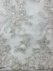 Fancy Lace - 52-inches Wide Corded Sequined Embroidered 3D White