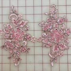 Applique - Beaded and Sequined Pink and Silver-Corded Motif Pairs