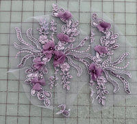 Applique - Corded Sequined Embroidered 3D Lavender Motifs 3 Pieces